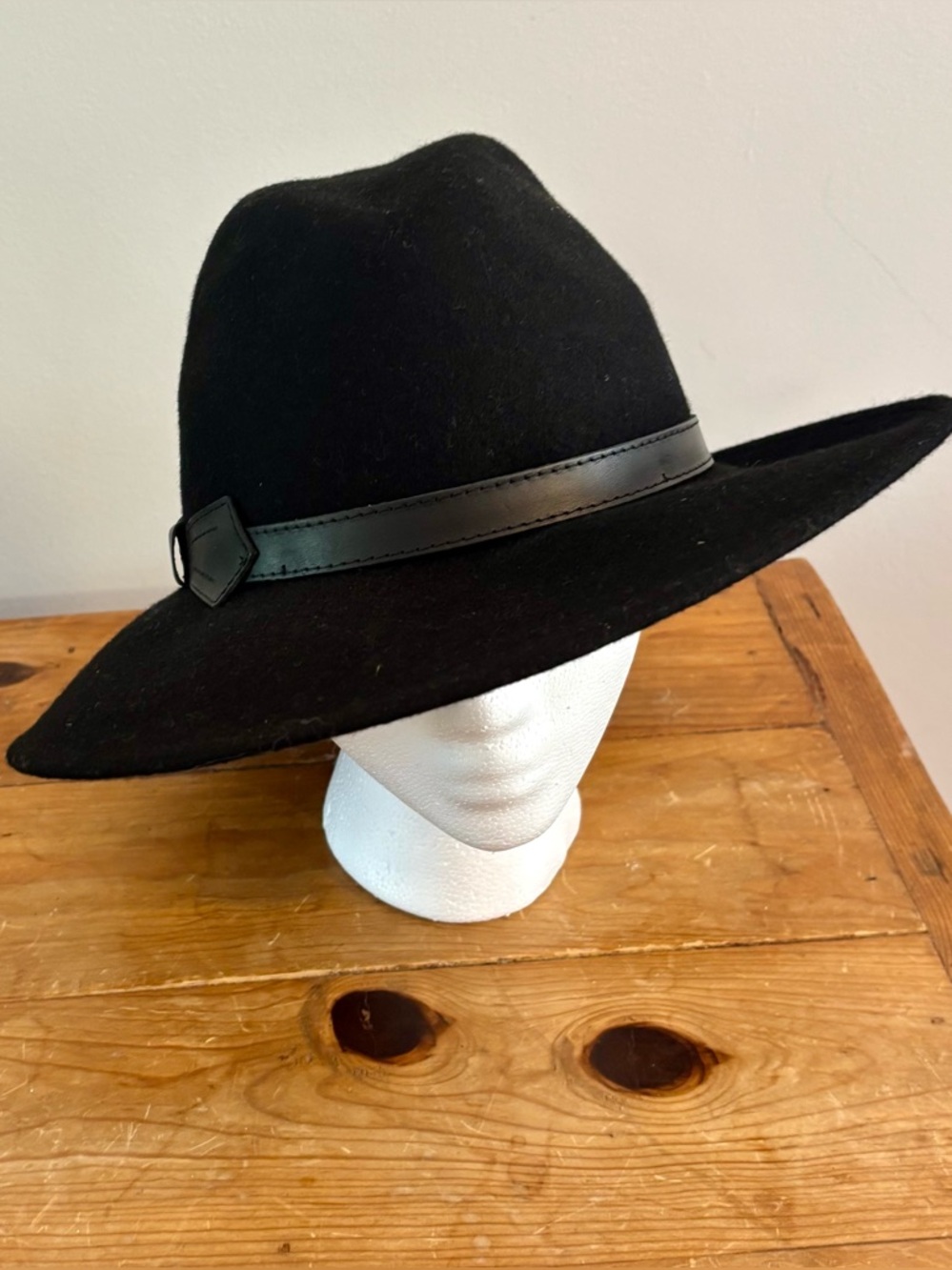 Black Wide-Brim Fedora with Faux Leather Band by Galliano Sorbatti, Italy Small